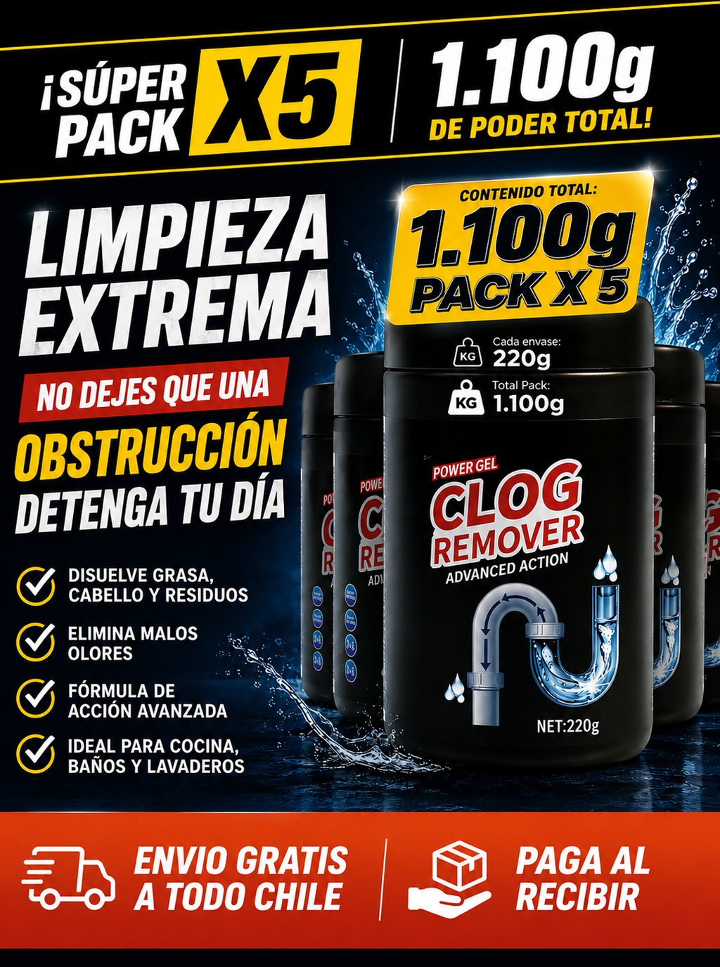 Pack Premium - x5 Destapa cañerias 220gr c/u